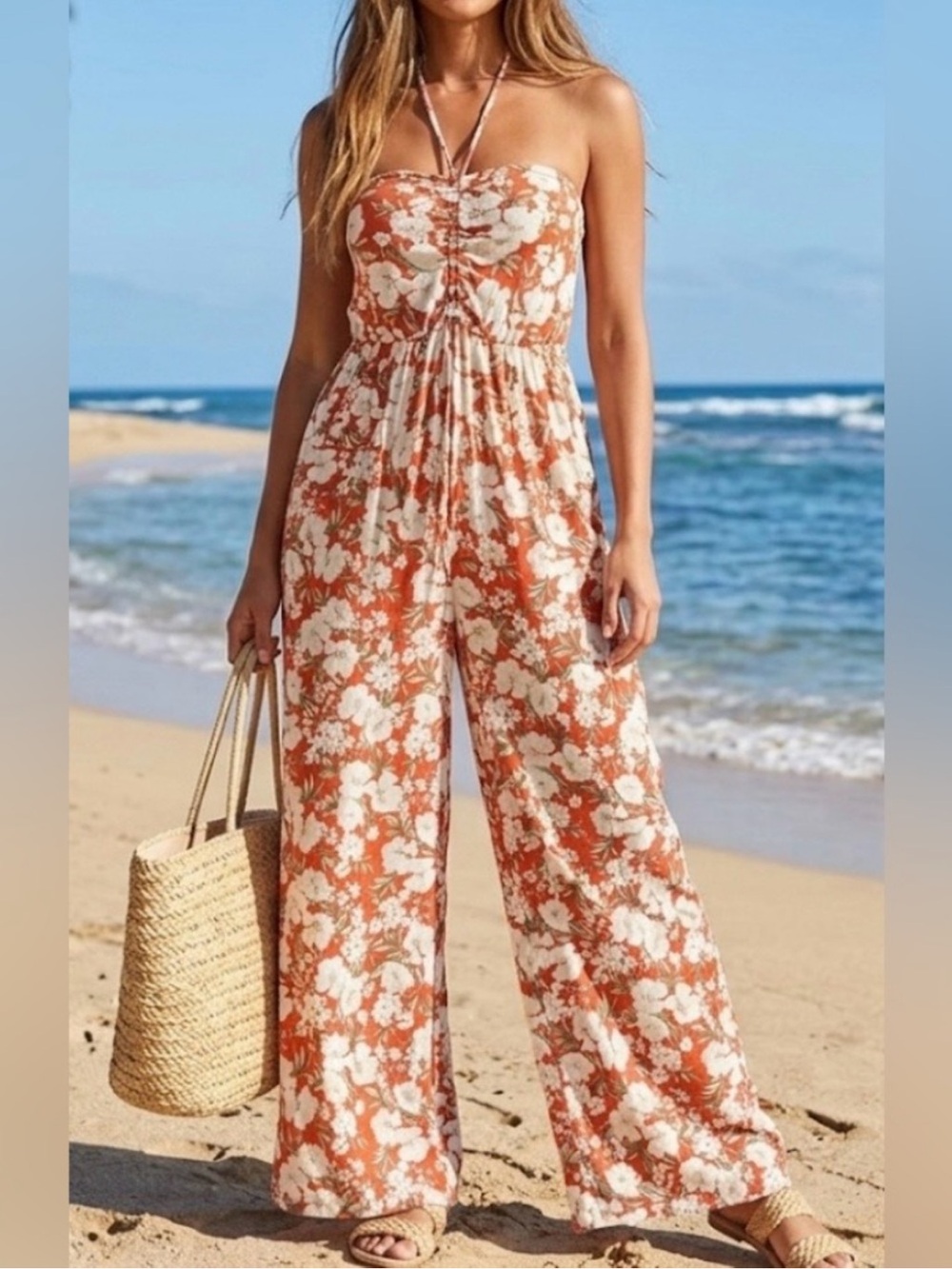 American Eagle red floral wide leg jumpsuit size M